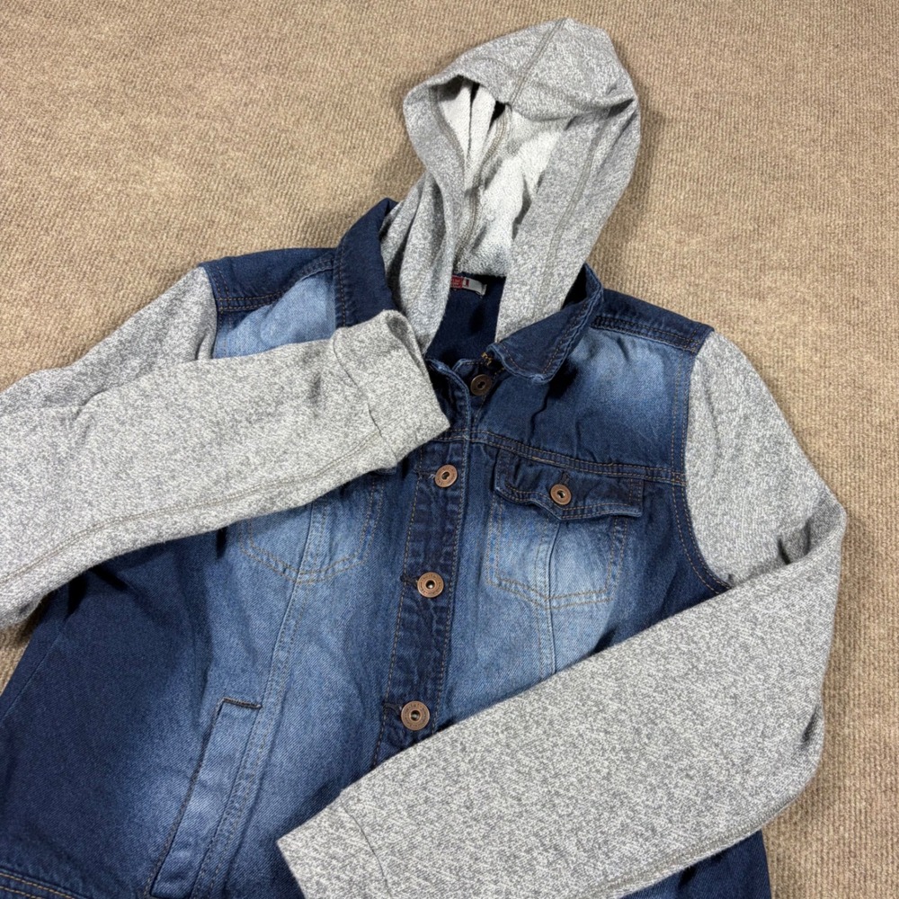 LEI Girls Junior L Denim Jacket Gray Hoodie Sleeves Mixed Media Dark Wash Coat
